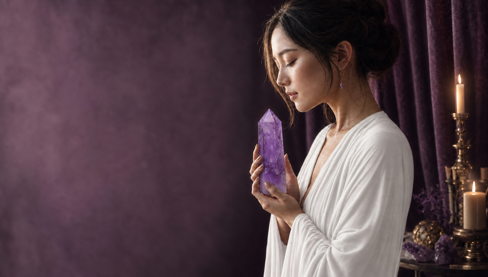 Woman holding a natural amethyst point